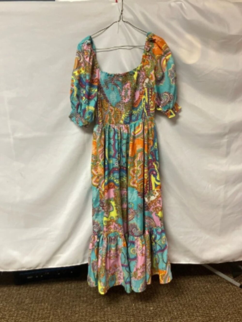 Wishing Waves  Multi color Puff Sleeve  Boho Square Neckline Maxi Dress L
